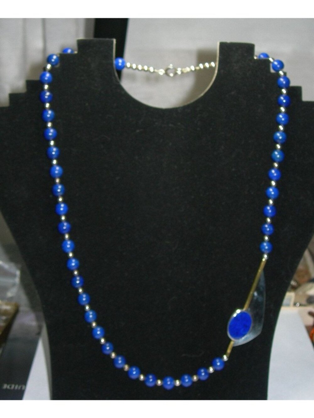 Vintage Signed AJV Studio Modernist 24" Lapis Lazuli & Sterling Silver Mixed Met